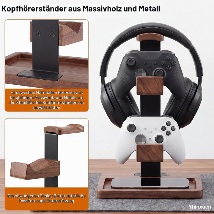 2-in-1-Controller-Halter und Kopfhörer-Ständer, doppelstöckiges Aufbewahrungsregal ausMassivholz für