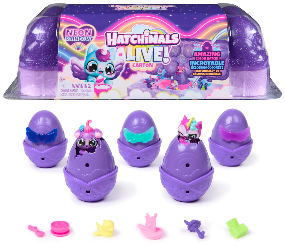 Hatchimals Alive Neon Rainbow Eierkarton Spielset - mit 5 selbstschlüpfenden Eiern und 11 Accessoire