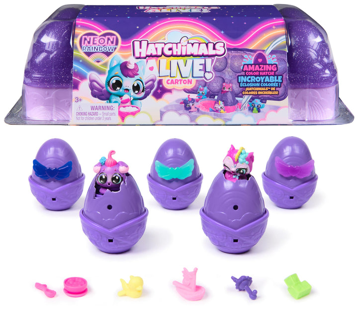 Hatchimals Alive Neon Rainbow Eierkarton Spielset - mit 5 selbstschlüpfenden Eiern und 11 Accessoire