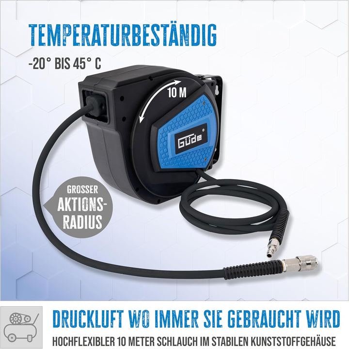 Güde Automatikschlauchtrommel 10 m (Arbeitsdruck 12 bar, 180° schwenkbar, hochflexibler öl- und temp