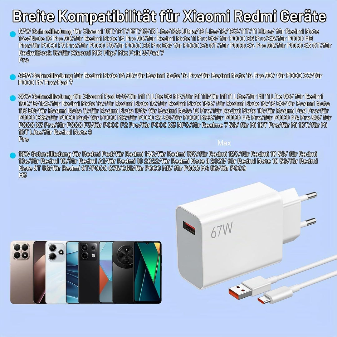 67W Turbocharge Ladegerät mit USB C Ladekabel für Xiaomi,2 Port 45W USB C Ladegerät USB Netzteile Sc