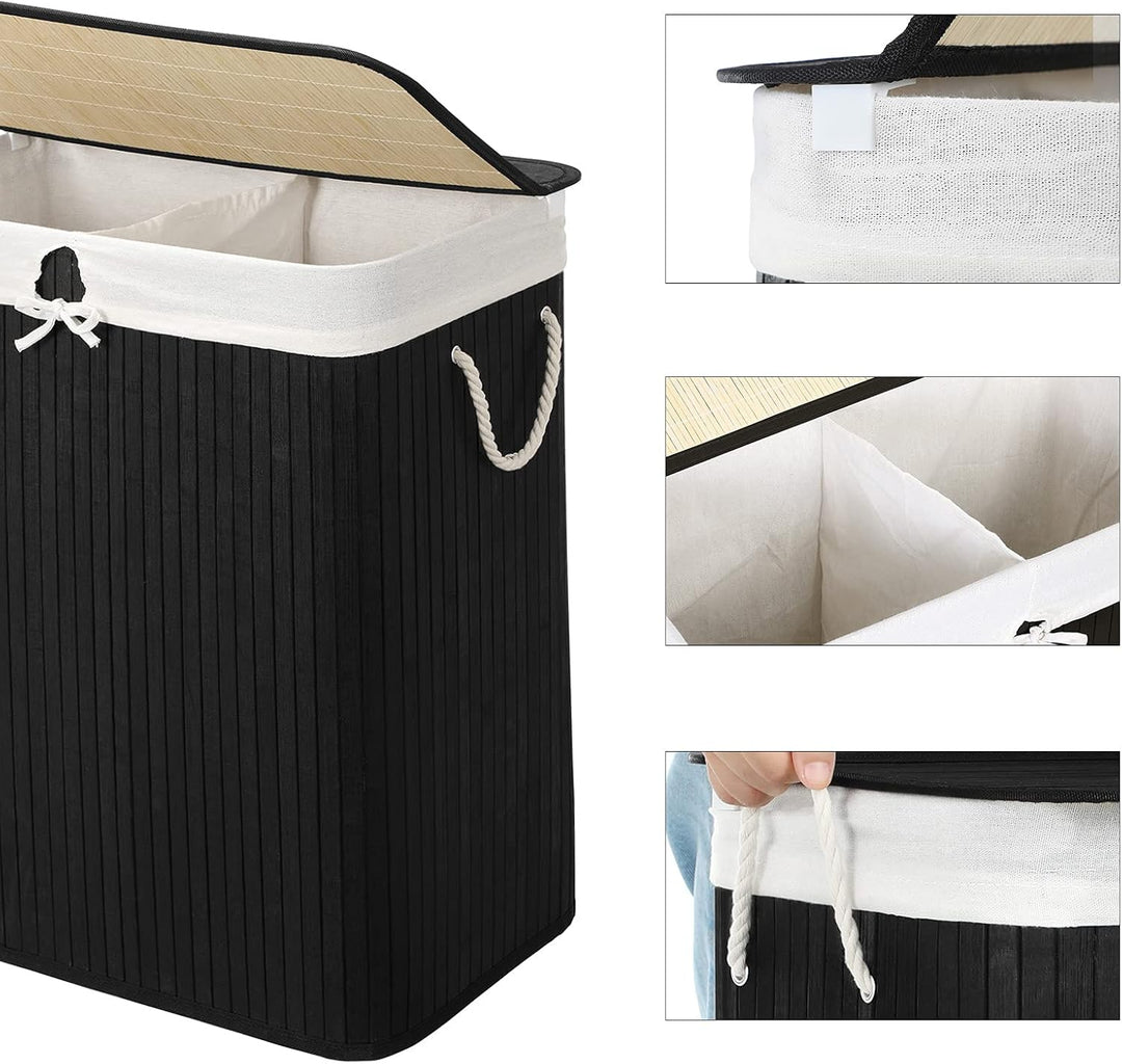 SONGMICS Wäschekorb 2 Fächer, 100 L Wäschesammler mit Deckel, Wäschebox Bambus, mit Griffen, faltbar