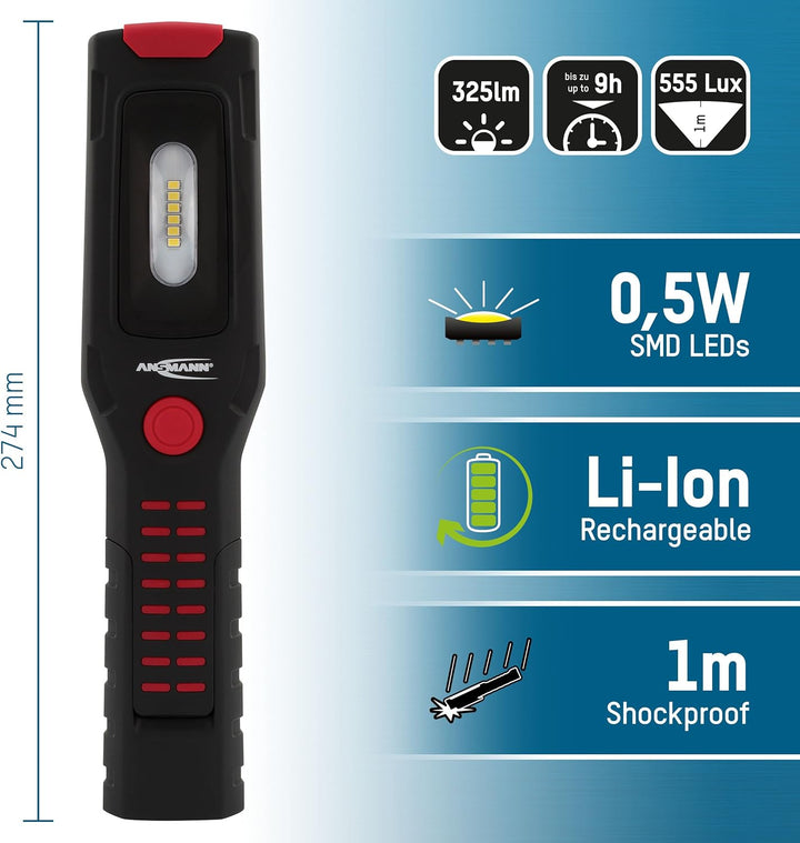 ANSMANN LED Werkstattlampe IL300R mit 325 Lumen - Arbeitsleuchte kabellos, flexibel & magnetisch - W