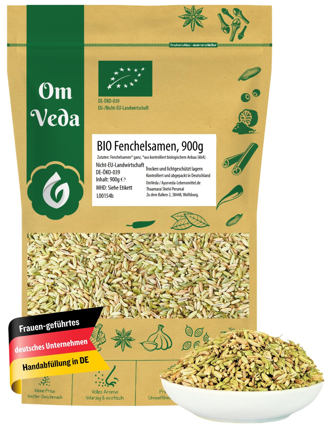 BIO Fenchelsamen 900g Fenchel Gewürz Fenchelsaat Fennel Seeds ganz | BIO-Qualität | Teegewürz Kräute