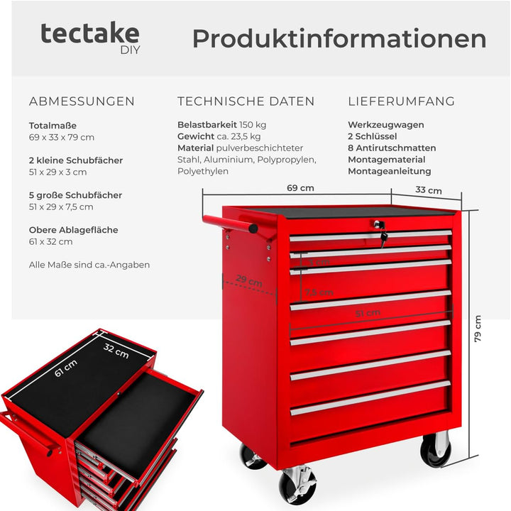 tectake Werkzeugwagen, Werkstattwagen, rollende Werkstatt, Werkzeugwagen leer, Werkzeugbox, 7 Schubf