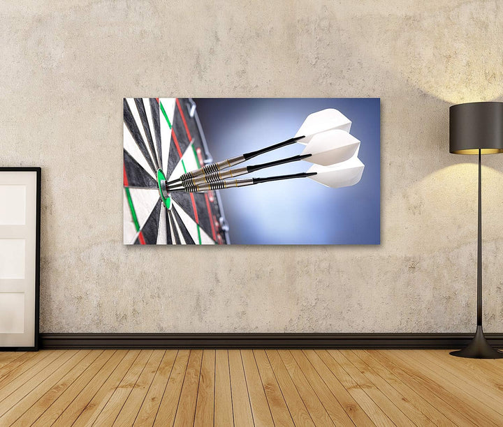islandburner Bild auf Leinwand Drei Darts Bullseye Dartscheibe Bilder Wandbilder Poster 80L x 40B cm