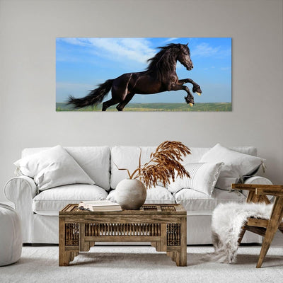 Wandbilder Dekoration Wohnzimmer Schwarzes Pferd Pferd Galopp Panorama Bilder auf Leinwand 120x50cm