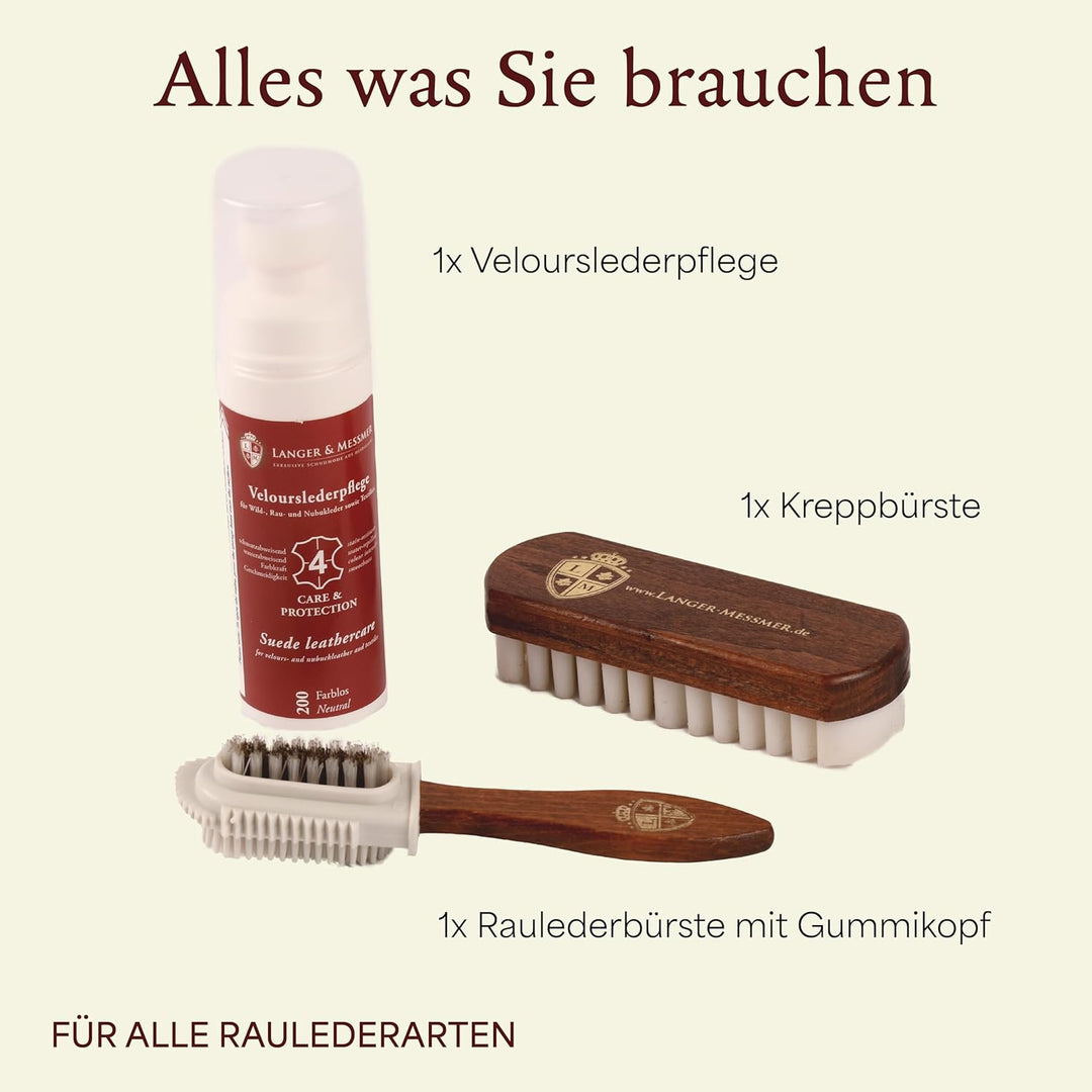 Langer & Messmer Schuhpflegeset für Rauleder - Schuhputzset mit Schuhbürsten zur Nubukleder Pflege u