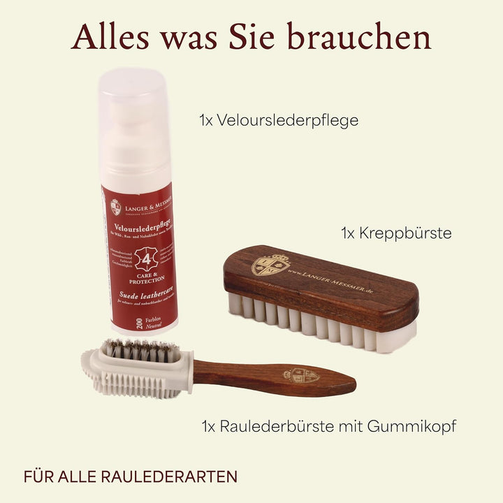 Langer & Messmer Schuhpflegeset für Rauleder - Schuhputzset mit Schuhbürsten zur Nubukleder Pflege u