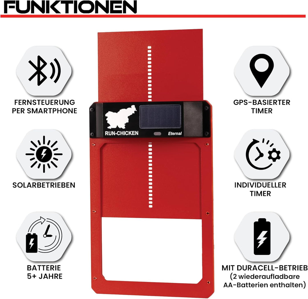 Run-Chicken Tür (rot) Solar Hühnerstall Tür, batteriebetriebene automatische Hühnerstalltür, program