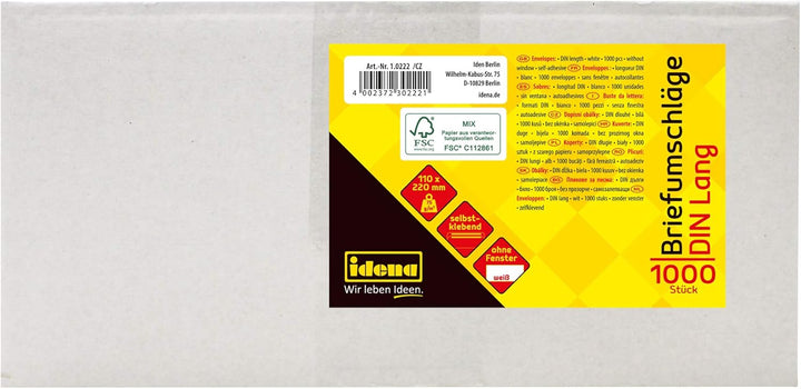Idena 10222 - Briefumschläge ohne Fenster DIN lang, 1000 Stück selbstklebend, Umschläge aus 75 g/m²