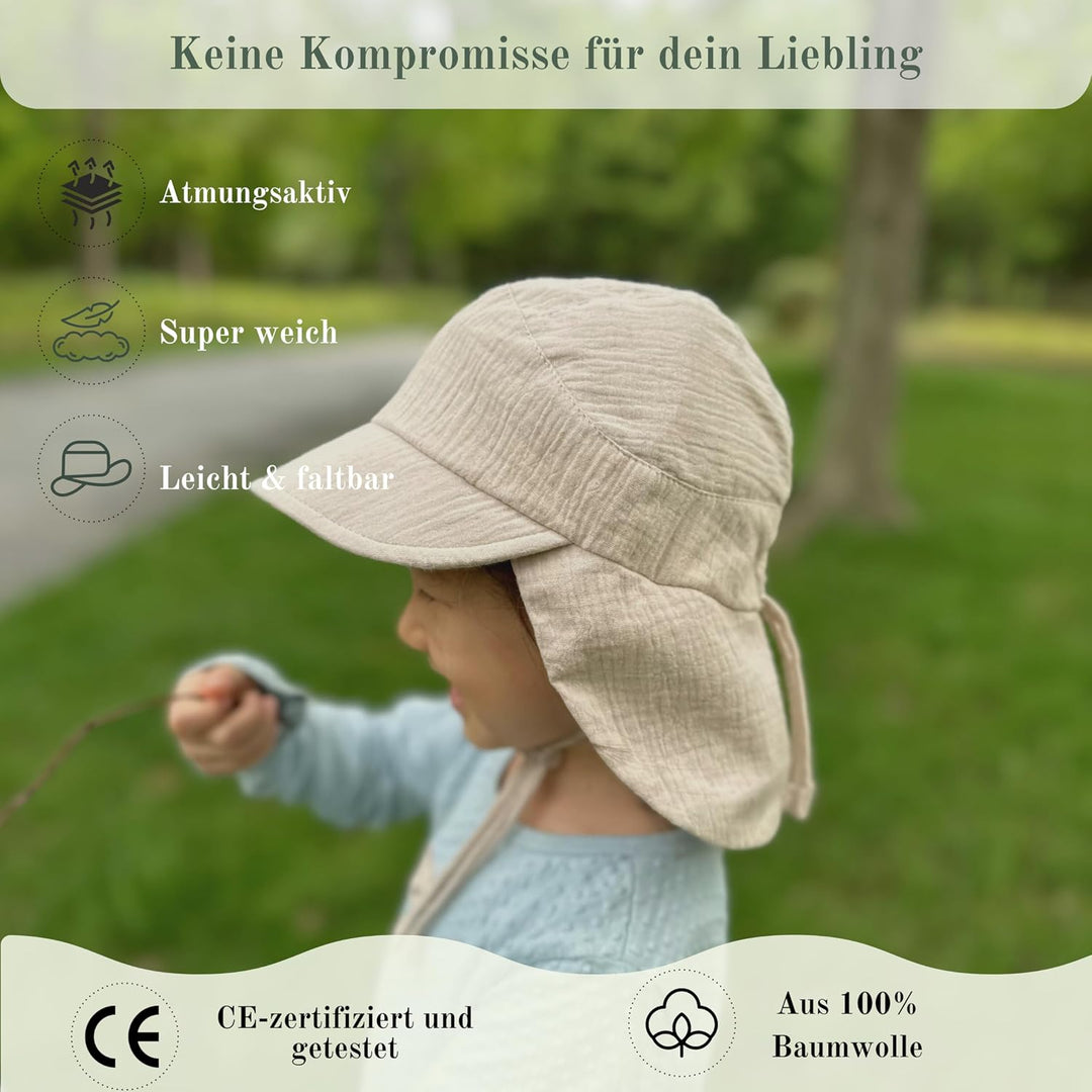 Petinard Label Musselin Schirmütze Sonnenhut mit Nacken- und Ohrenschutz UV-Schutz (UPF 50+) für Bab