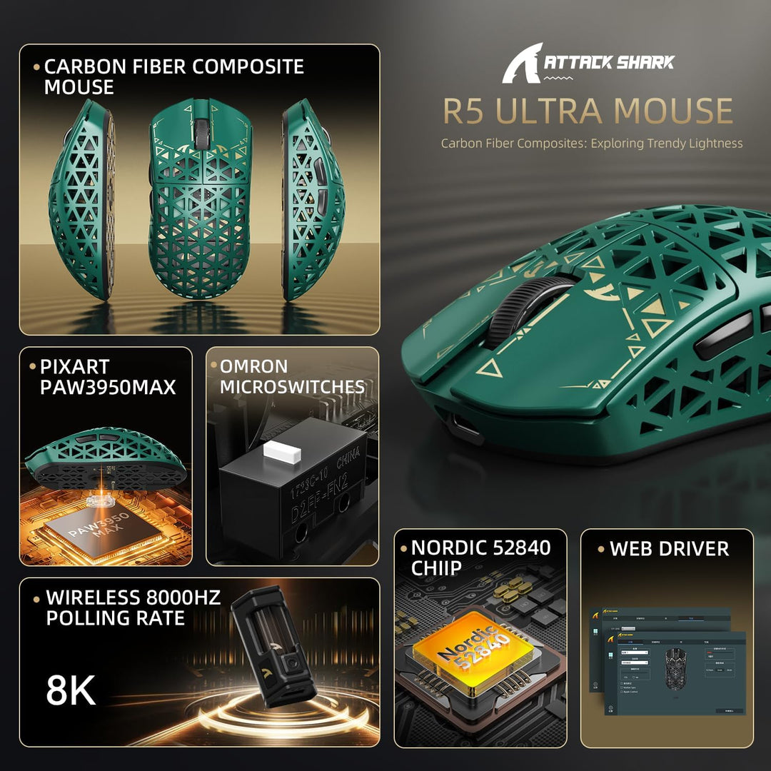 ATTACK SHARK R5 Ultra Carbonfaser Gaming-Maus, 39g Superlight, 8000Hz Kabellose Mouse, 42000 DPI, PA