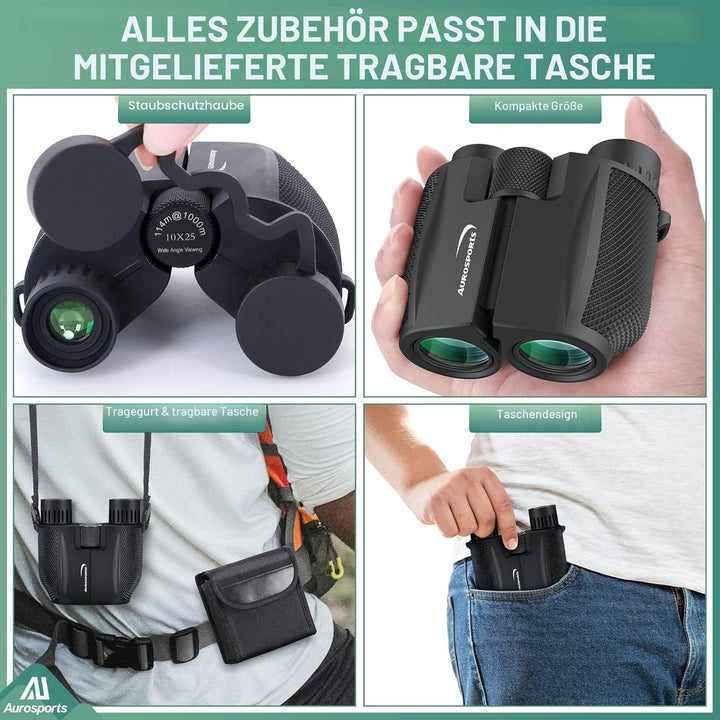 Aurosports 10x25 Kompakt Fernglas Kinder Erwachsene - Ferngläser Klein mit Nachtsicht Schwachem Lich
