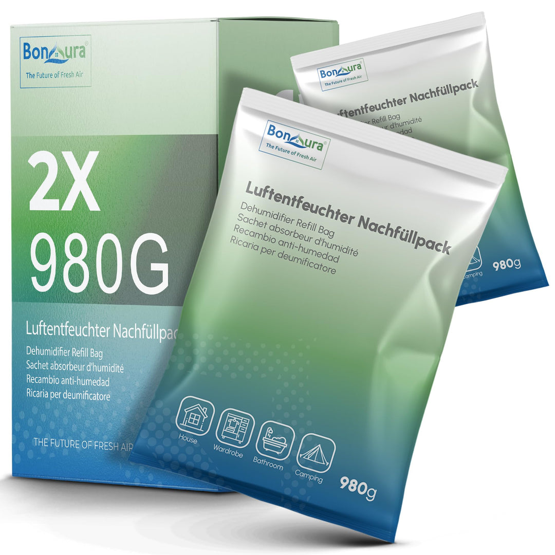 BonAura® AirOne Max Luftentfeuchter Nachfüllpack I 2er Set 980g Luftentfeuchter Granulat I Entfeucht