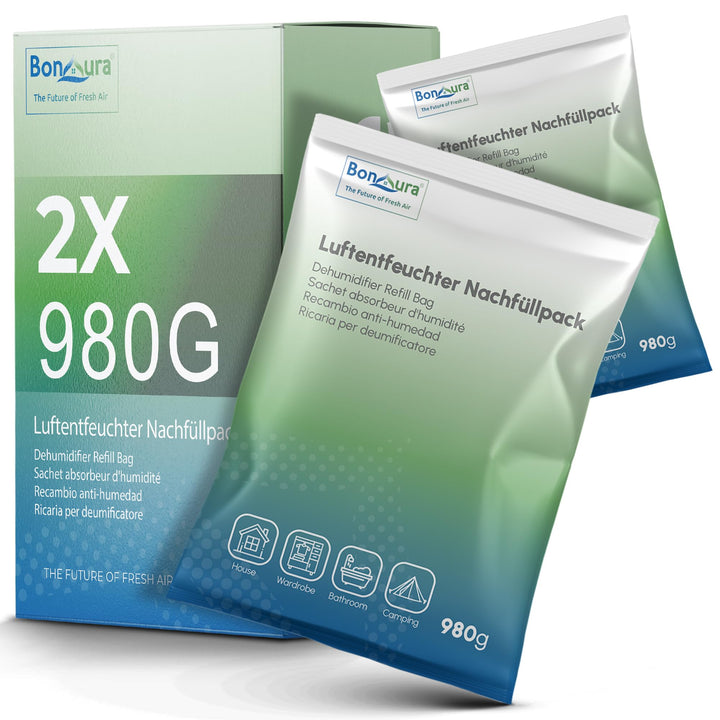 BonAura® AirOne Max Luftentfeuchter Nachfüllpack I 2er Set 980g Luftentfeuchter Granulat I Entfeucht