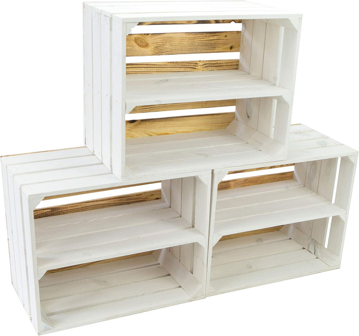 3er Set Holzkisten Paula weiss mit geflammten Boden 50x40x30cm Johanna Aufbewahrungsbox Aufbewahrung