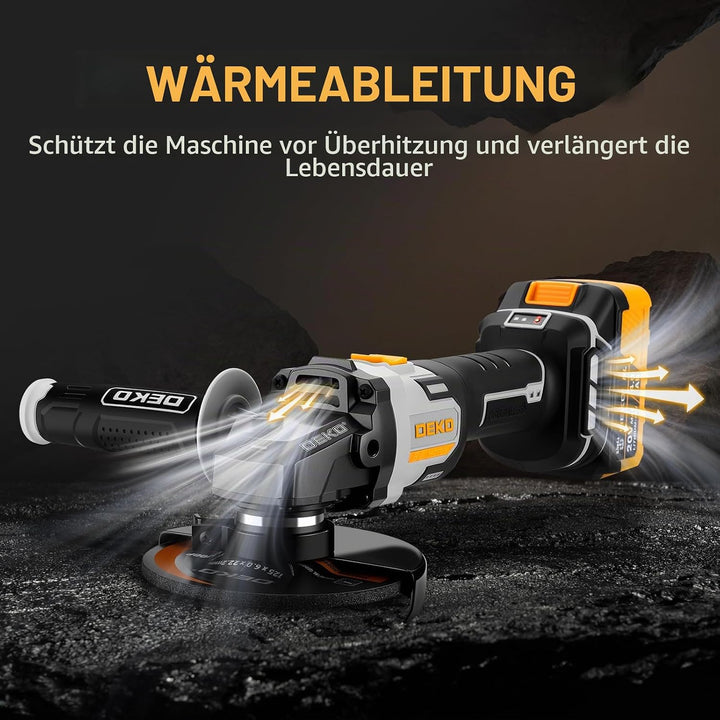 Akku-Winkelschleifer 20V Ø 125mm: DEKOPRO Schleifer mit 4.0Ah Akku, bürstenloser Motor, 8500RPM – in