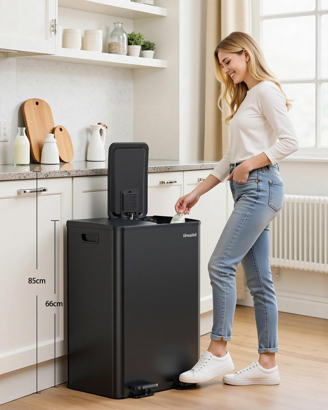 lovewind Mülleimer, 2 x 30L Mülleimer Küche, Doppeleimer für Recycling und Abfall, Schwarz, Mülleime