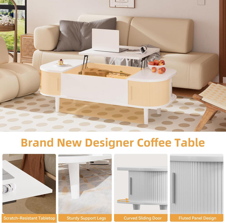 Couchtisch mit Hebeplatte – Moderner Holztisch mit Einzigartiger Textur & Verstecktem Stauraum, Kaff