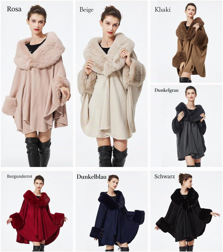BEAUTELICATE Kunstpelz Poncho Stola Damen Umhang Cape Herbst Strickjacke Winter Mantel Mit Kunstfell