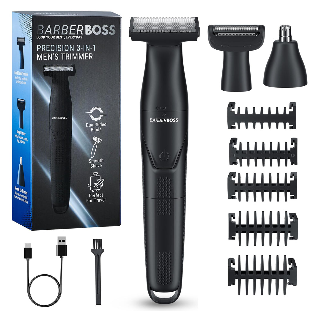 BarberBoss 3-in-1 Präzisionstrimmer Herren Bart- und Haarpflegeset für Männer, Körperpflege, Nasen-