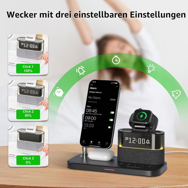 5-in-1-Kabellader mit Wecker, kabellose LadeStation mit Nachttischlampe kompatibel mit iPhone 17 16