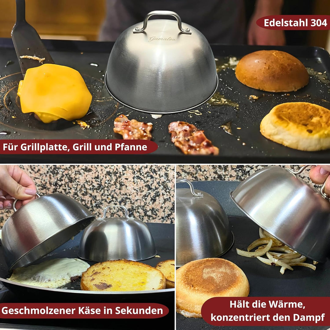 Smash Burgerpresse Edelstahl Set: Burger Smasher mit Grillspachtel 13 cm, Schaber 10 cm, 2 Burgerglo