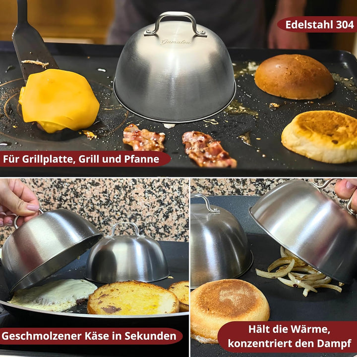Smash Burgerpresse Edelstahl Set: Burger Smasher mit Grillspachtel 13 cm, Schaber 10 cm, 2 Burgerglo