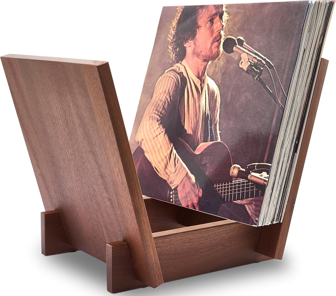 Honygebia Schallplattenhalter aus Massivholz - Sapeli-Holz Schallplattenständer, V-förmiges Albumreg