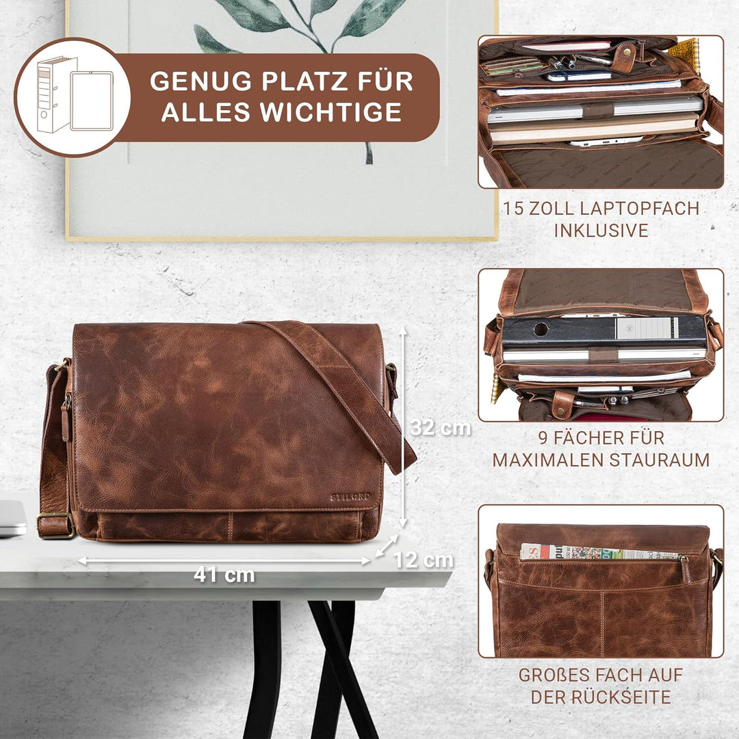 STILORD 'Tom' Vintage Leder Umhängetasche für Studium Uni Büro Arbeit 15 Zoll Laptoptasche DIN A4 Sc
