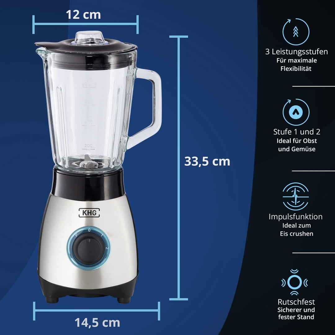 KHG Mini Standmixer 250 Watt mit 0,8 Liter Glasbehälter, Edelstahl | 4-fache 3D Edelstahlklingen, 2