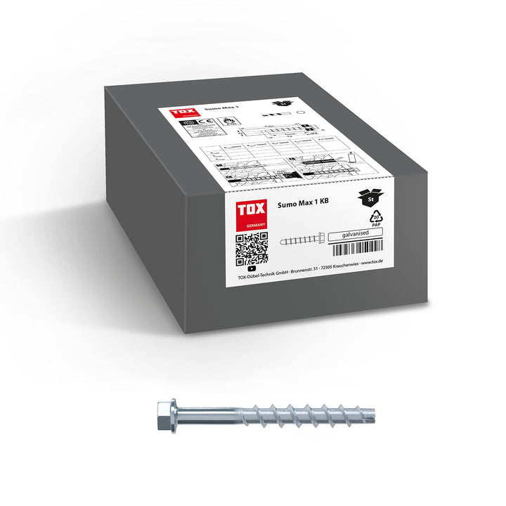 TOX Schraubanker Sumo Max 1 KB 10x120 mm, Sechskantkopf, Stahl verzinkt, für verschiedene Einbautief