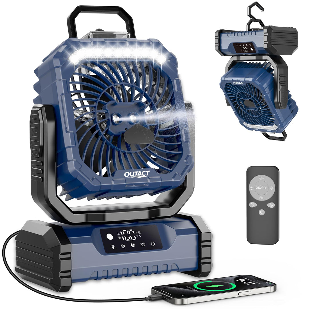 Ventilator Camping mit Sprühnebel, Akku Ventilator 20000mAh mit LED Licht, Haken, 270° Drehung, Trag
