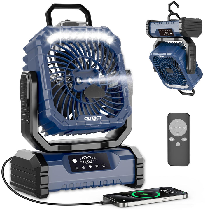 Ventilator Camping mit Sprühnebel, Akku Ventilator 20000mAh mit LED Licht, Haken, 270° Drehung, Trag