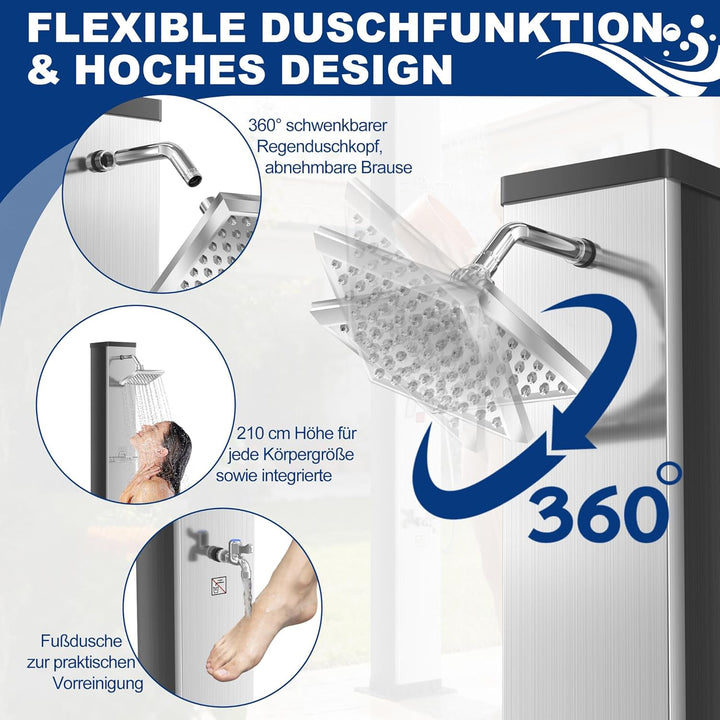 AufuN Solardusche Gartendusche 40L mit Chrom & Edelstahl, Warmwasser bis 60°C ohne Strom, 15cm Dusch