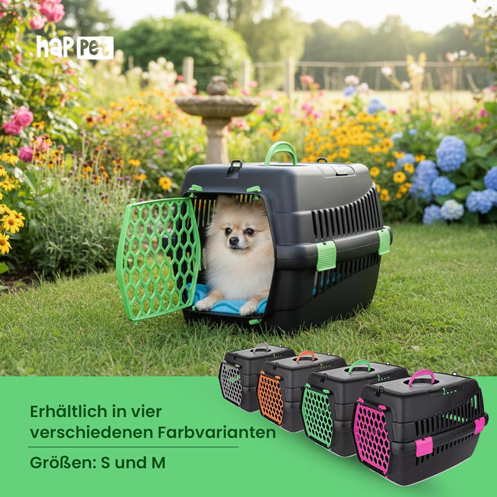 HAPPET Tiertransportbox Teddy M Grün 56x37x37 cm – Robuste, gut belüftete Transportbox für Katzen &