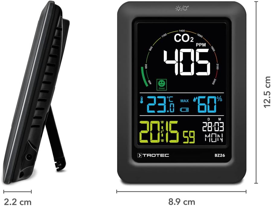 TROTEC CO2 Messgerät BZ26 – Luftqualitätsmonitor – Messbereich 400 bis 5000 PPM, Lufttemperatur, rel