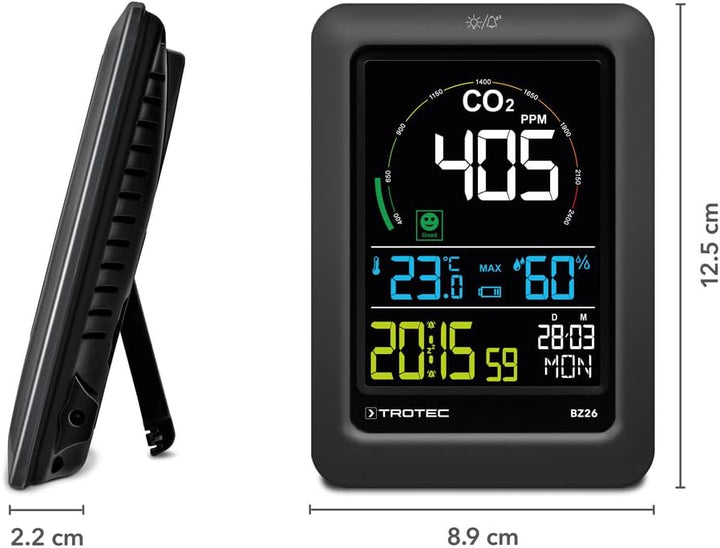 TROTEC CO2 Messgerät BZ26 – Luftqualitätsmonitor – Messbereich 400 bis 5000 PPM, Lufttemperatur, rel