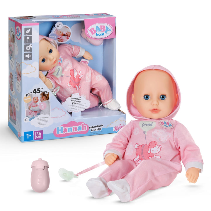 BABY Born Hannah Spiel mit Mir - Babypuppe mit 5 Funktionen - Weicher Stoffkörper inkl. Accessoires