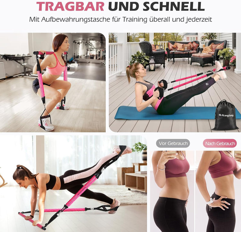 ALongSong Fitnessbänder Pilates Bar Set mit 6 Widerstandsbänder 20/30/40lbs oder 30/40/50lbs, Resist