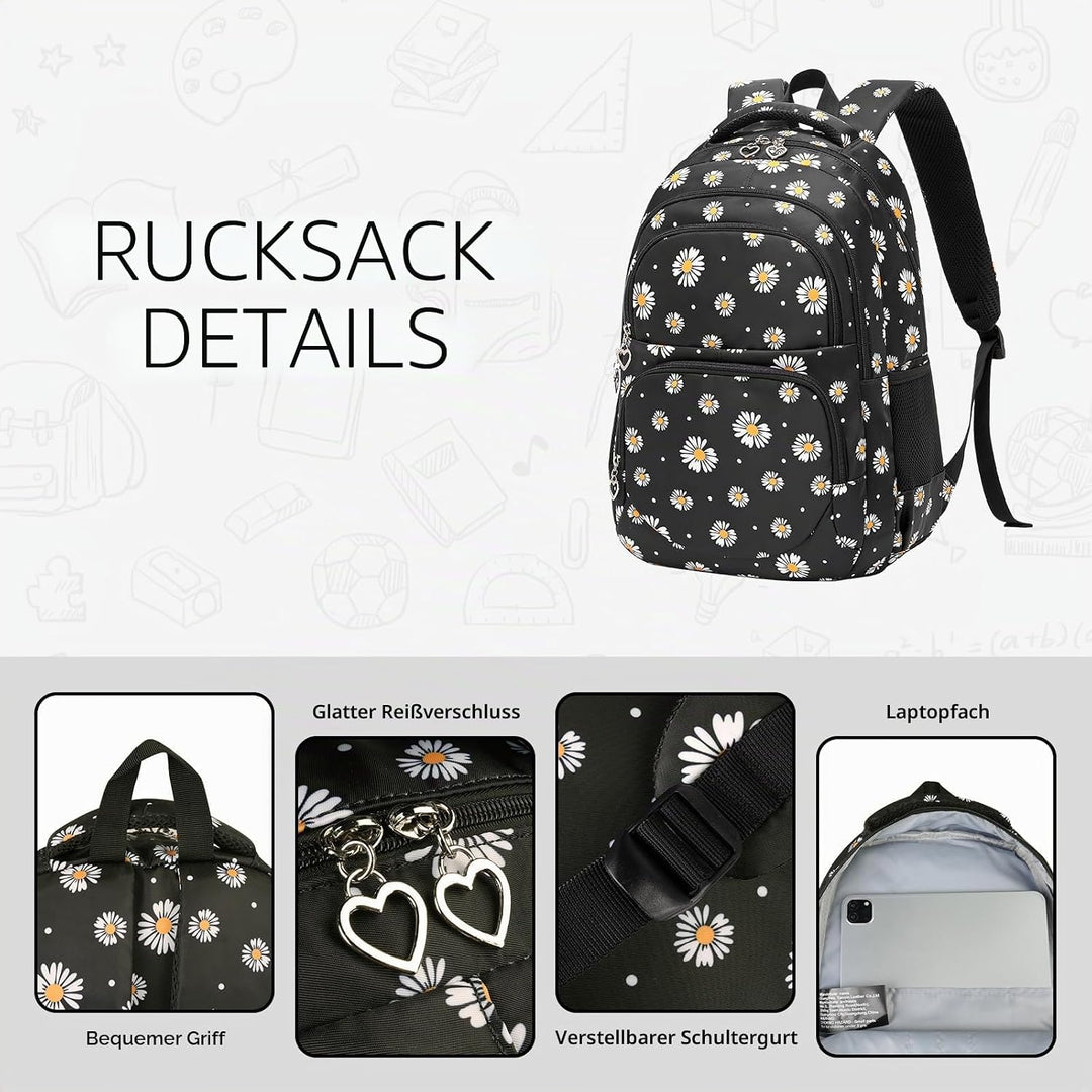 SIVENKE Schulrucksack Mädchen Teenager Damen Schultasche Rucksack Set Gänseblümchen Schulranzen für