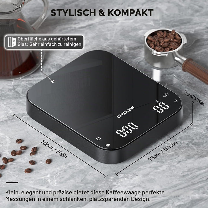 Wiederaufladbare Kaffeewaage mit Timer, 3 kg/0,1g Espresso Waage für Pour-Over Kaffee, 3 Modi &amp; 6 Ei