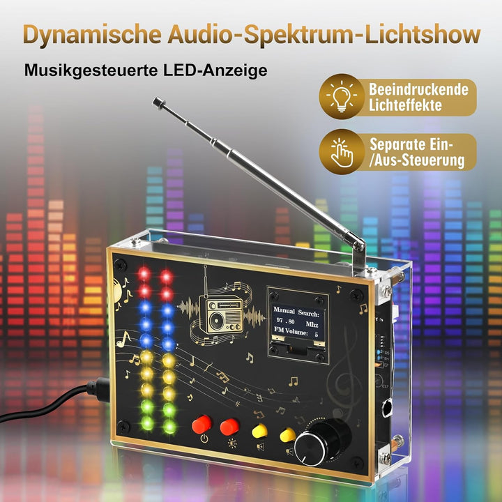 DIY FM Radio Lötbausatz, Elektronik Bausatz zum Löten mit OLED Display, LED Spektrum Anzeige, UKW 88