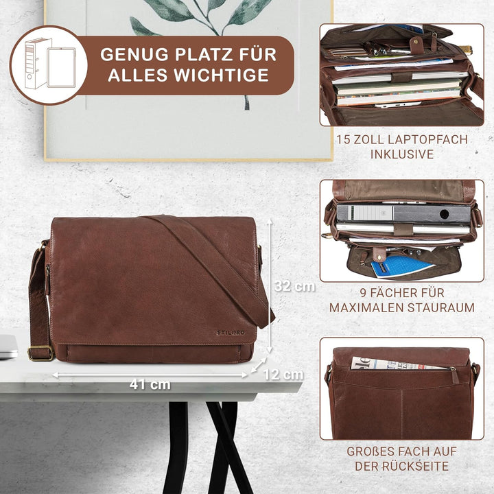 STILORD 'Tom' Vintage Leder Umhängetasche für Studium Uni Büro Arbeit 15 Zoll Laptoptasche DIN A4 Sc