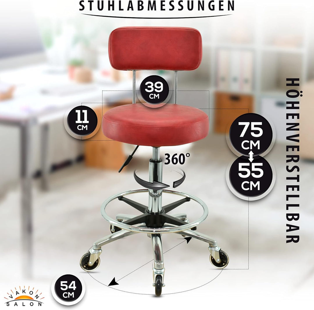 VAKON SALON - Premium Rollhocker in Rot mit Lehne und Fussring - Höhenverstellbar 55-75 cm - Rundsit
