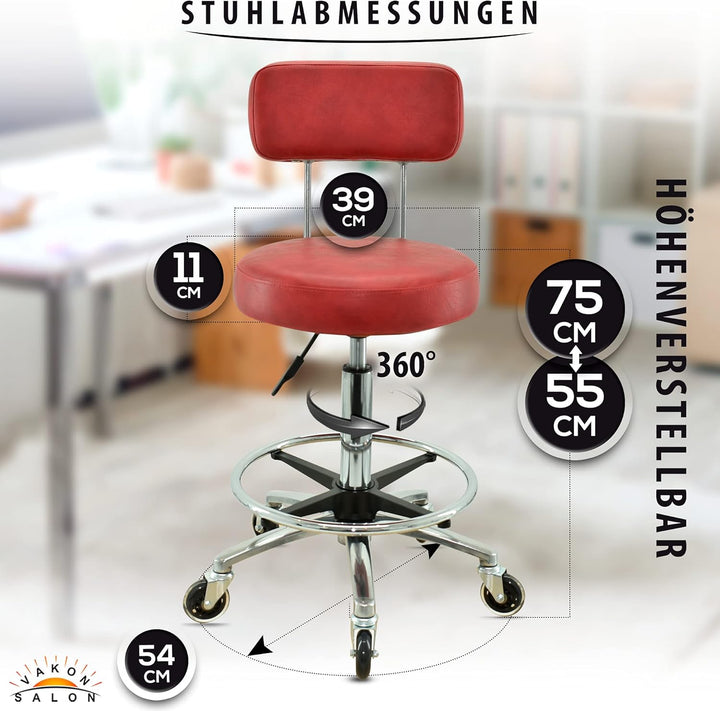 VAKON SALON - Premium Rollhocker in Rot mit Lehne und Fussring - Höhenverstellbar 55-75 cm - Rundsit