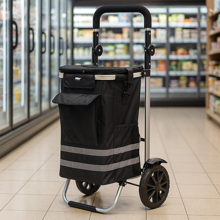 Sillar Einkaufstrolley klappbar 56 L – Einkaufsroller/Warenkorb/Hackenporsche mit Kühlfunktion 5 L,