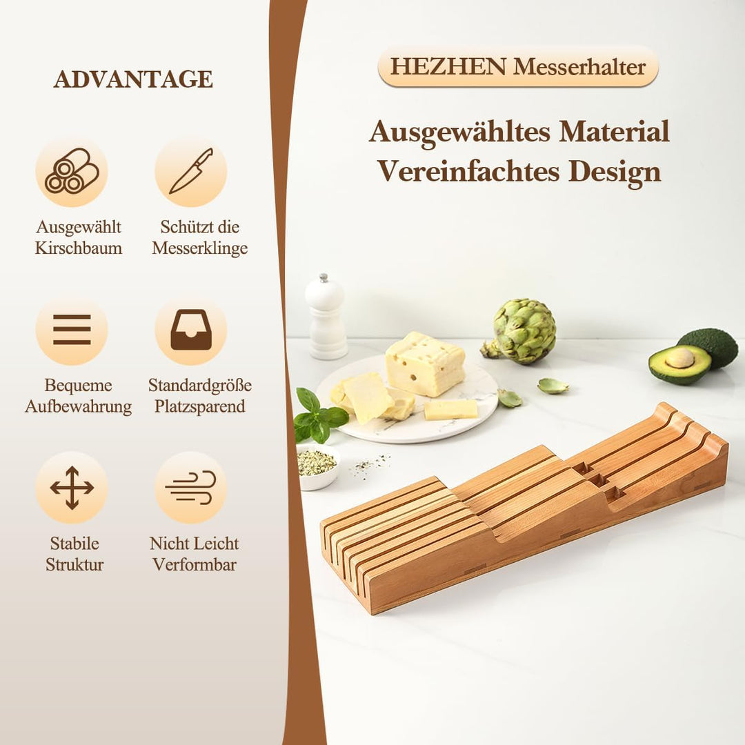 HEZHEN Messerhalter Schublade aus Kirschholz, In-Schublade Messerblock Holz Messerorganizer für die