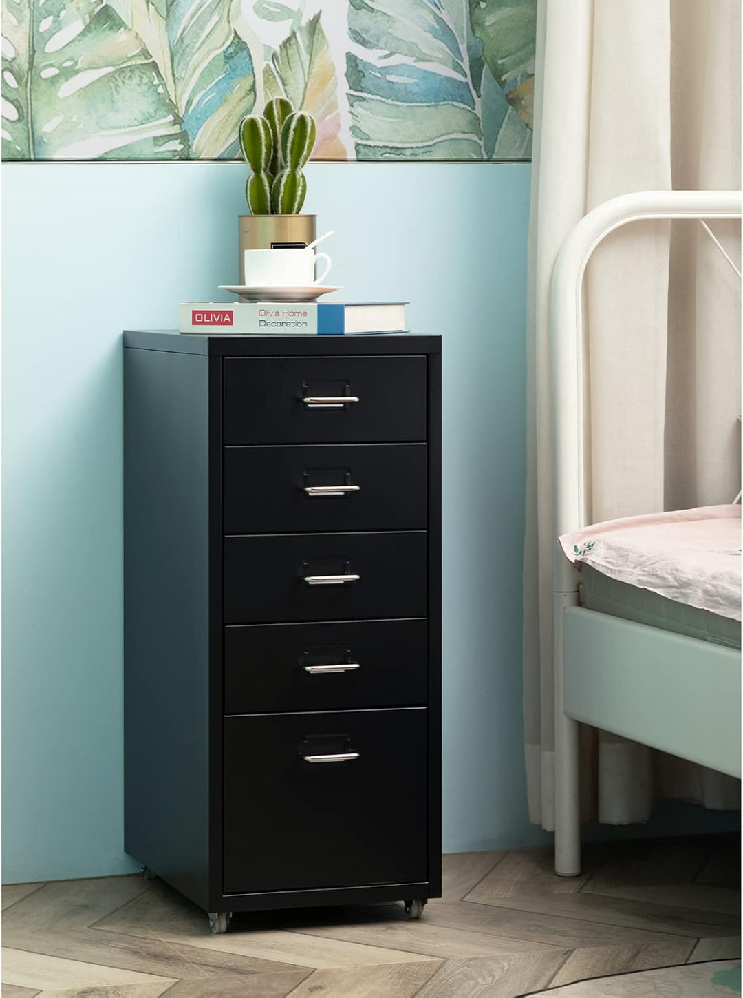 HollyHOME Mobiler Aktenschrank mit 5 Schubladen, rollender Akten-Organizer, Metall-Aufbewahrungsschr
